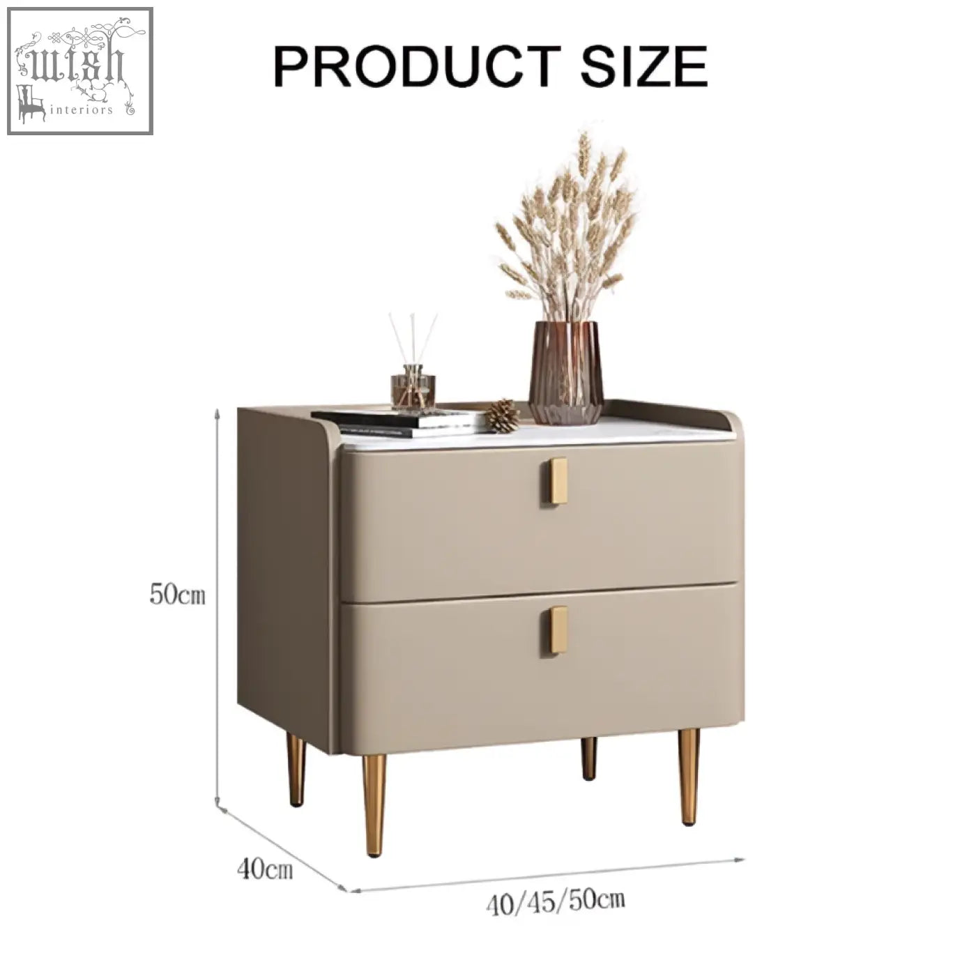 Beige cunha bedside table with two drawers and gold tone legs and handles for stylish bedroom storage