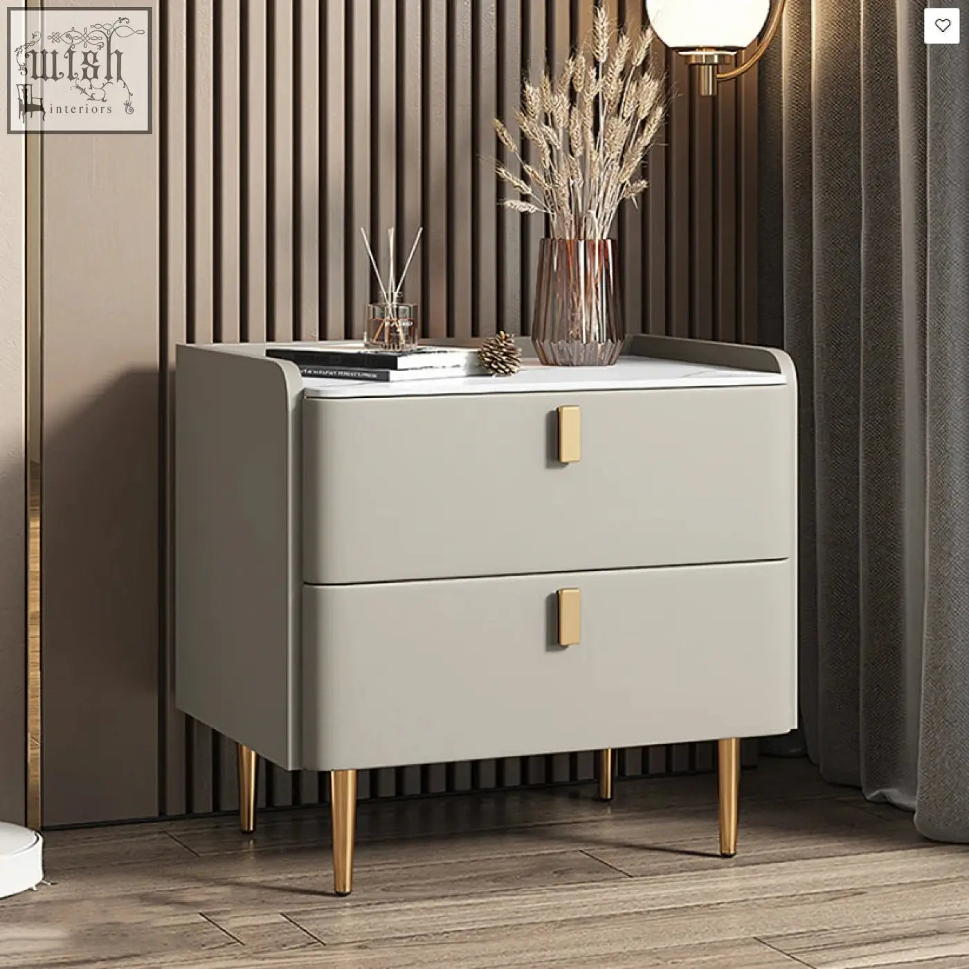 Modern beige cunha bedside table with two drawers gold-tone legs and rectangular handles for stylish storage