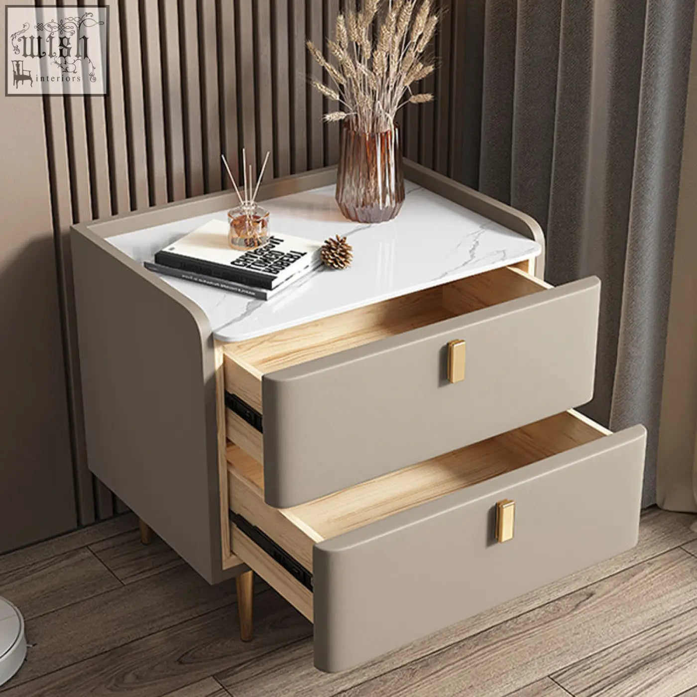 Modern gray cunha bedside table with white marble top and gold-tone drawer pulls for stylish bedroom storage