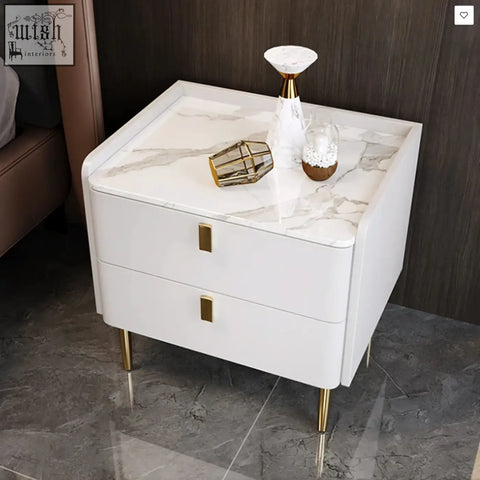 White marble-top cunha bedside table with gold-tone legs and drawer pulls for stylish bedroom storage
