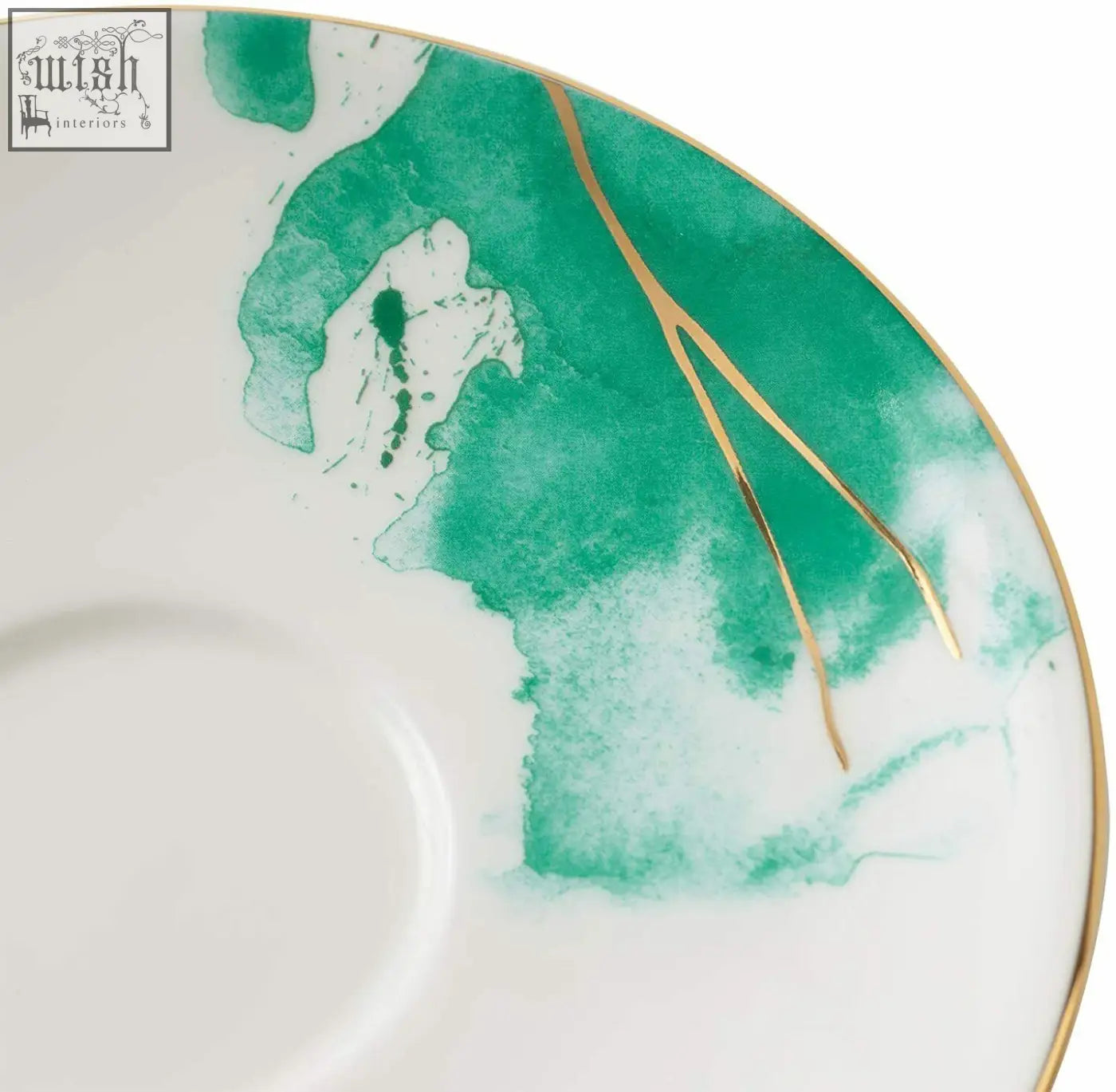 A white ceramic saucer with green watercolor design and gold banding made of premium porcelain for elegant use