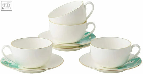 Cup and saucer set with delicate mint green leaf patterns and gold banding made from premium porcelain bone china
