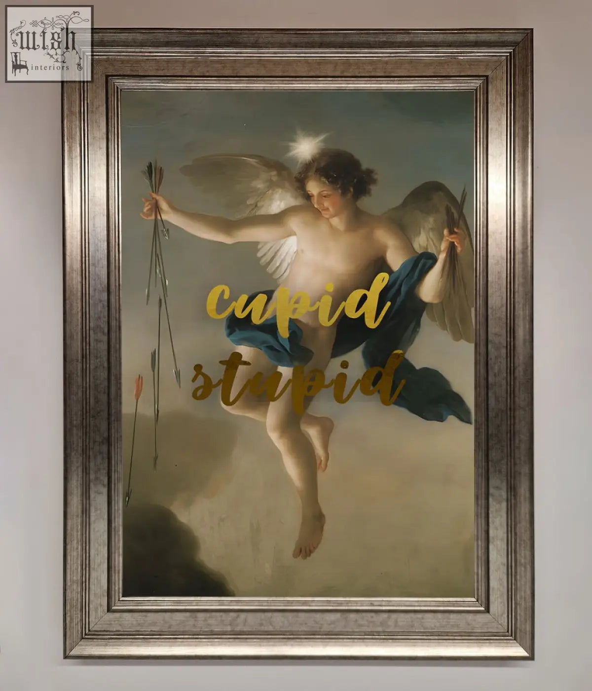 Silver-framed cupid stupid foil print featuring classical cupid with wings holding arrows in a foil painting
