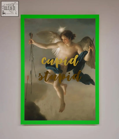 A cupid stupid foil print featuring cupid in mid-flight with arrows and blue fabric within a green border