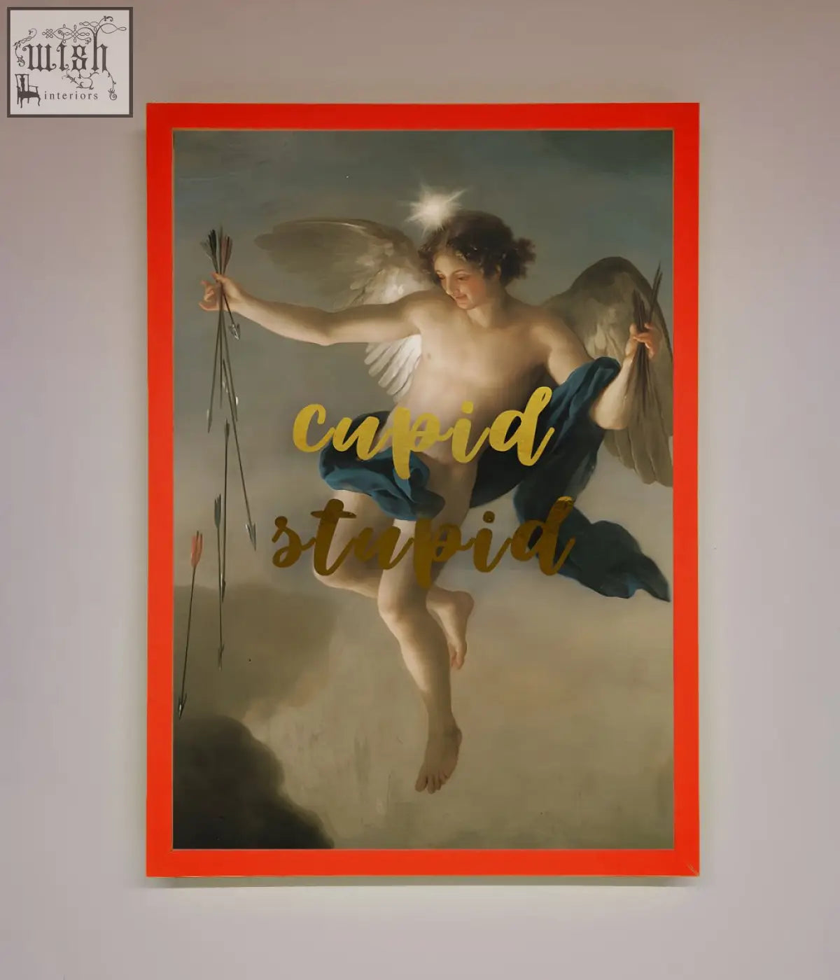 A cupid stupid foil print featuring framed classical cupid with wings holding arrows draped in blue and orange border