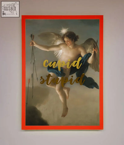 A cupid stupid foil print featuring framed classical cupid with wings holding arrows draped in blue and orange border