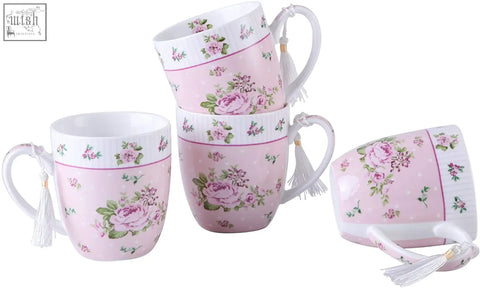 Pink floral fine china mugs with white tassels in a rose pink gift box shabby chic vintage set of 4