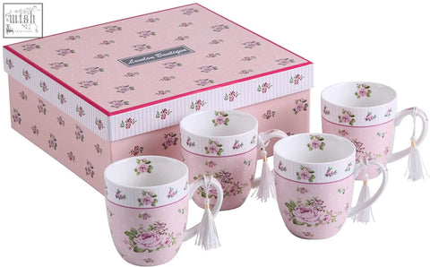 Pink floral fine china mugs with white tassels and a matching rose pink gift box set of 4 cups 330ml