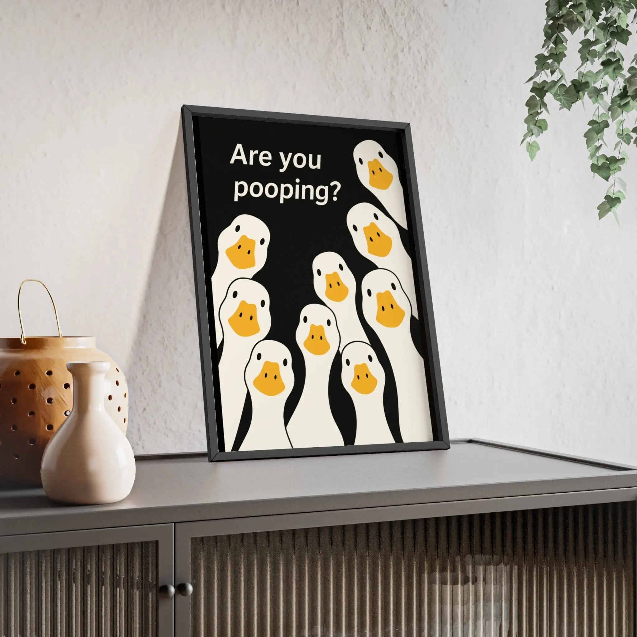 Black-framed curious ducks poster with bold question on 260gsm glossy paper for a funny toilet wall decor