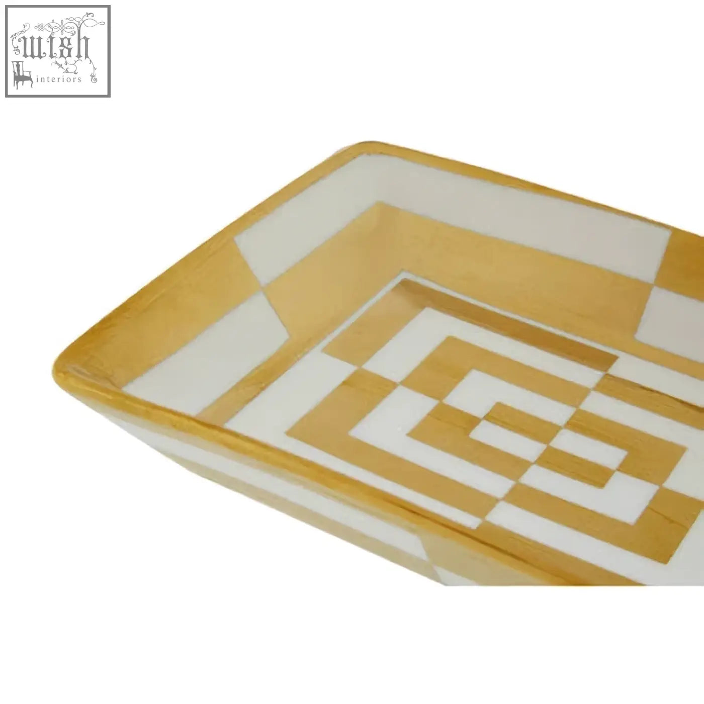 Rectangular curva ceramic gold and white dish with ceramic gold geometric maze pattern on white dish surface
