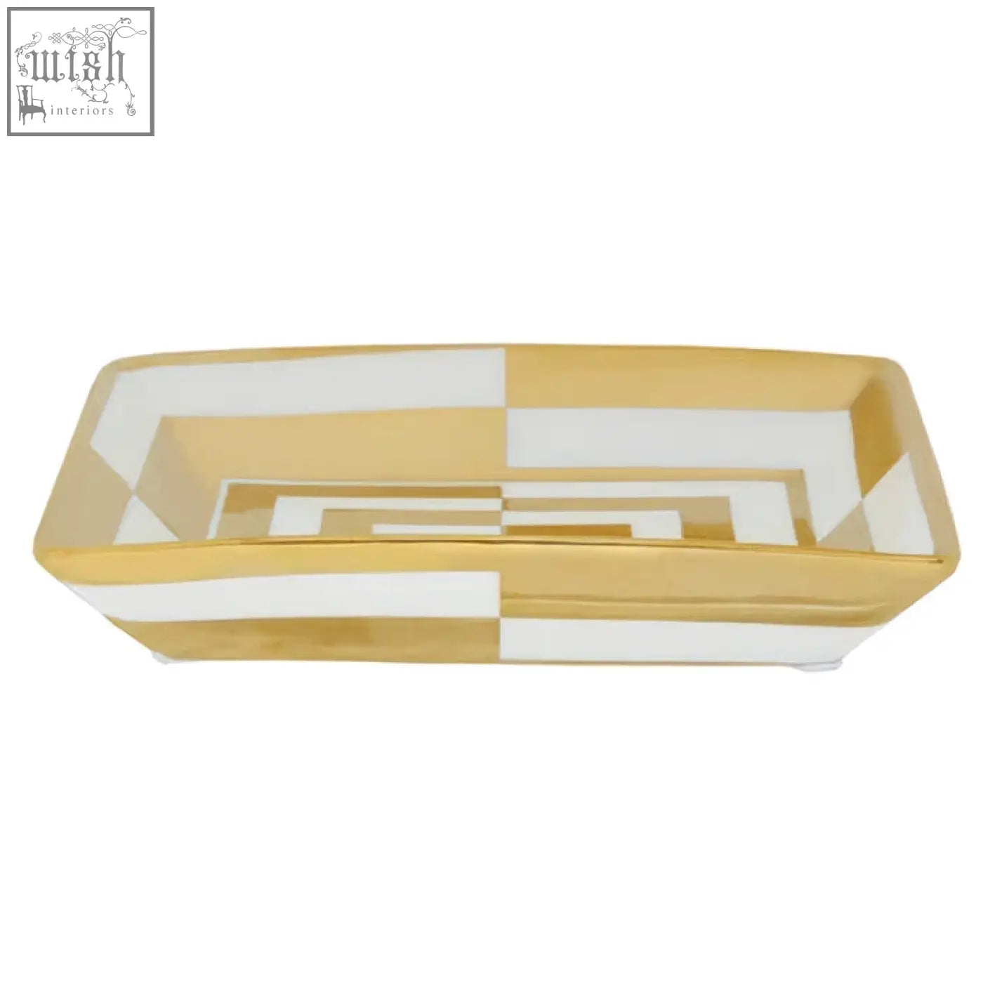 Rectangular curva ceramic gold and white dish with a geometric pattern of alternating gold and white stripes