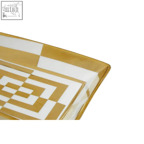 Curva ceramic gold and white dish rectangular serving tray with gold and white geometric pattern in ceramic gold finish
