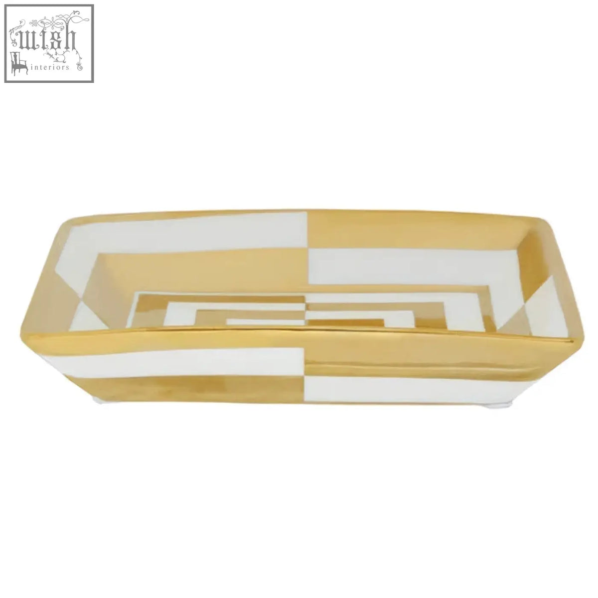 Rectangular curva ceramic gold and white dish with geometric pattern of alternating gold and white stripes