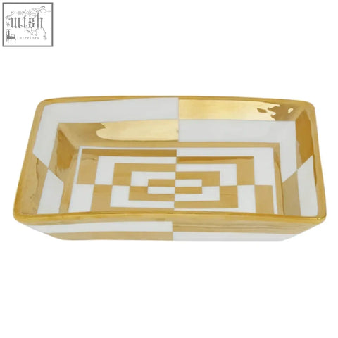 Rectangular curva ceramic gold and white dish with a geometric pattern perfect as an elegant white dish