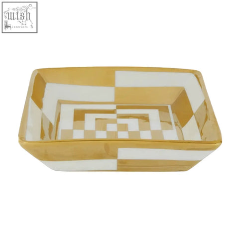 Rectangular curva ceramic gold and white dish with geometric pattern perfect as a white dish soap holder