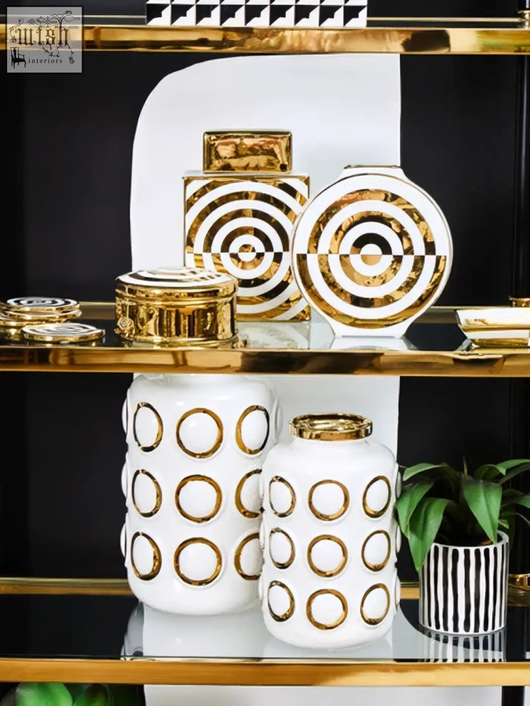 White ceramic trinket box with gold circular patterns and matching lids perfect as a white trinket box