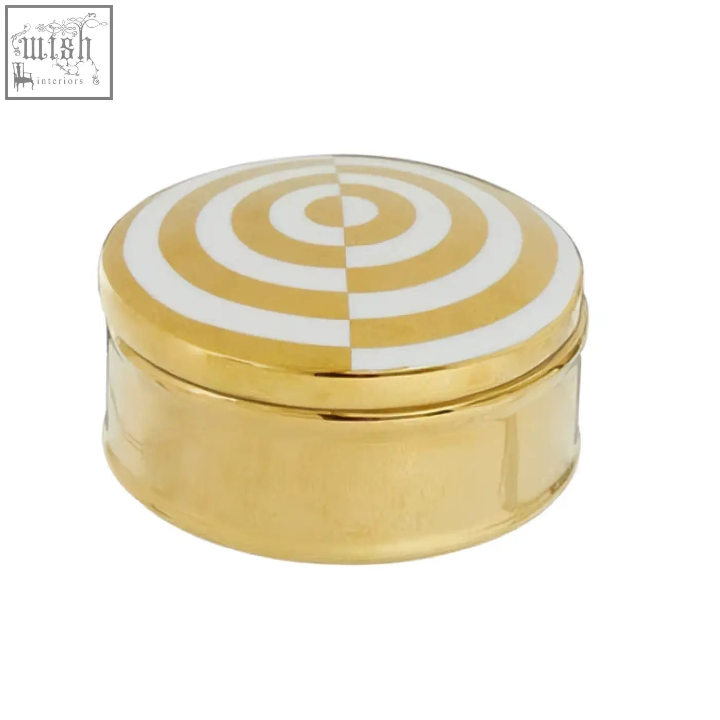 Curva round gold and white trinket box with white trinket circle pattern on lid for stylish storage