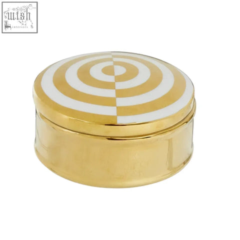 Curva round gold and white trinket box with white trinket circle pattern on lid for stylish storage