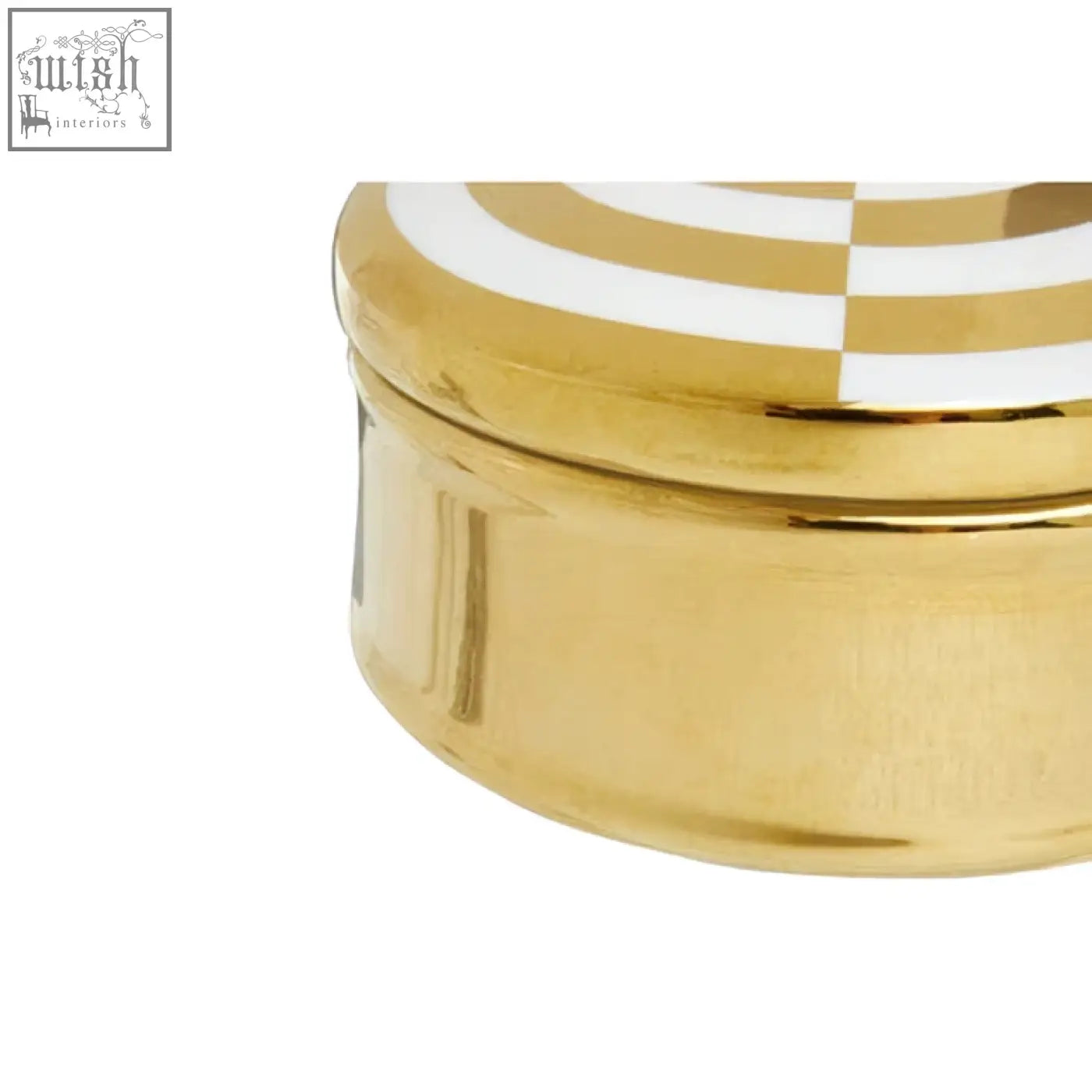 Curva round gold and white trinket box with lid featuring concentric white and gold stripes perfect as a white trinket box