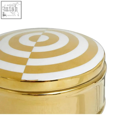 Curva round gold and white trinket box ceramic jar with white and gold concentric circle pattern on lid white trinket box