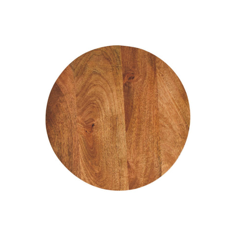 Curved base side table with a circular wooden cutting board top featuring warm natural finish and visible grain patterns