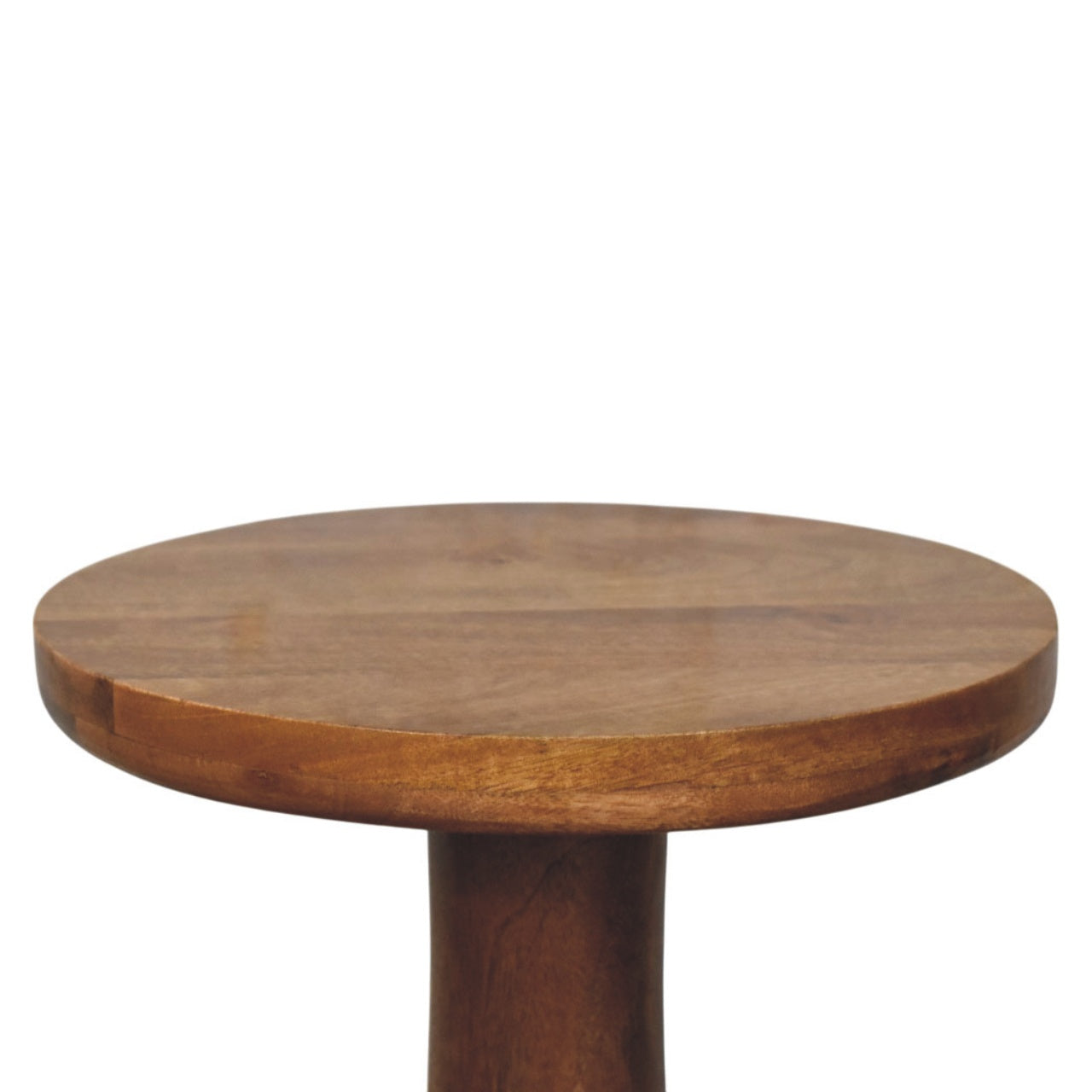 Curved base side table with a round wooden top featuring a smooth warm brown finish and natural wood grain