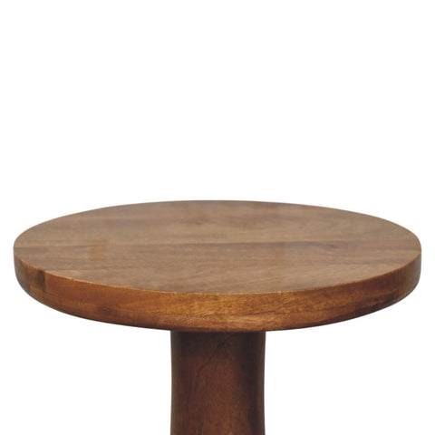 Curved base side table with a round wooden top featuring a smooth warm brown finish and natural wood grain
