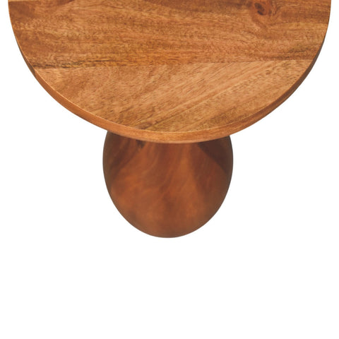 Curved base side table with round wooden top smooth warm finish and single curved pedestal base accent piece