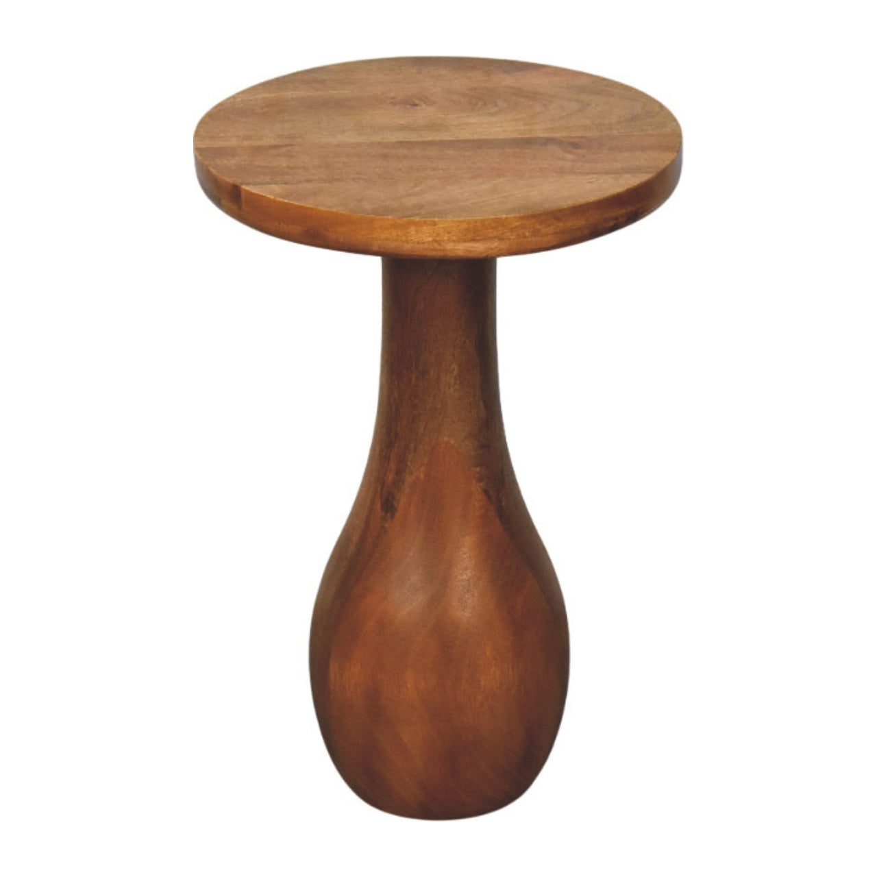 A rustic medium-brown wooden curved base side table with a round top and tapered pedestal accent piece
