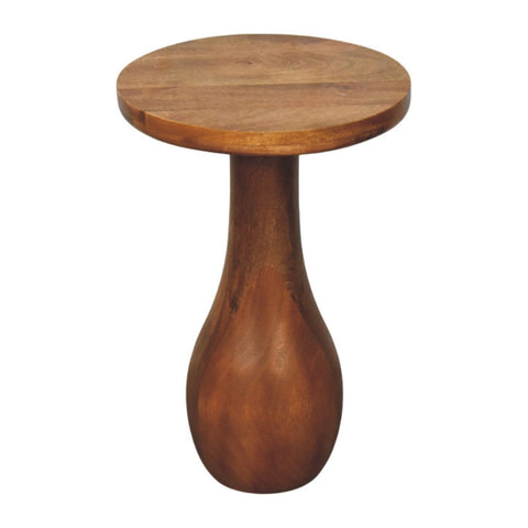 A rustic medium-brown wooden curved base side table with a round top and tapered pedestal accent piece