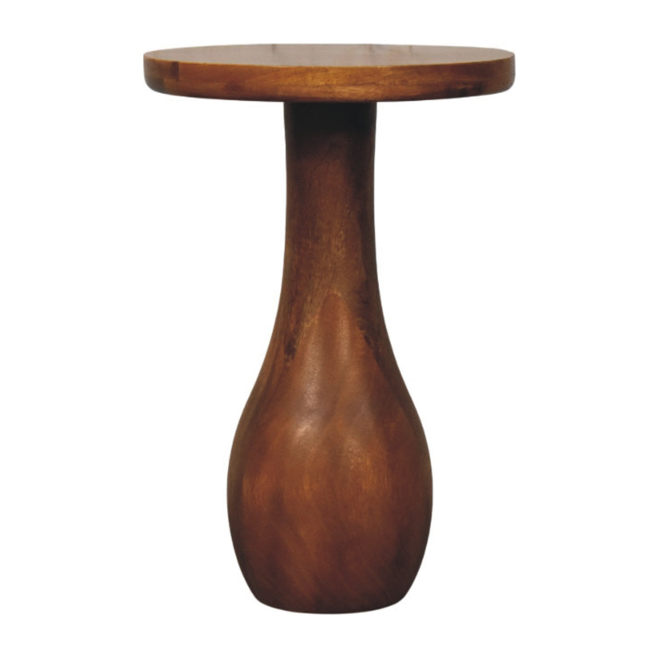 Curved base side table in dark brown wood with a smooth rounded top and tapered pedestal base for accent use