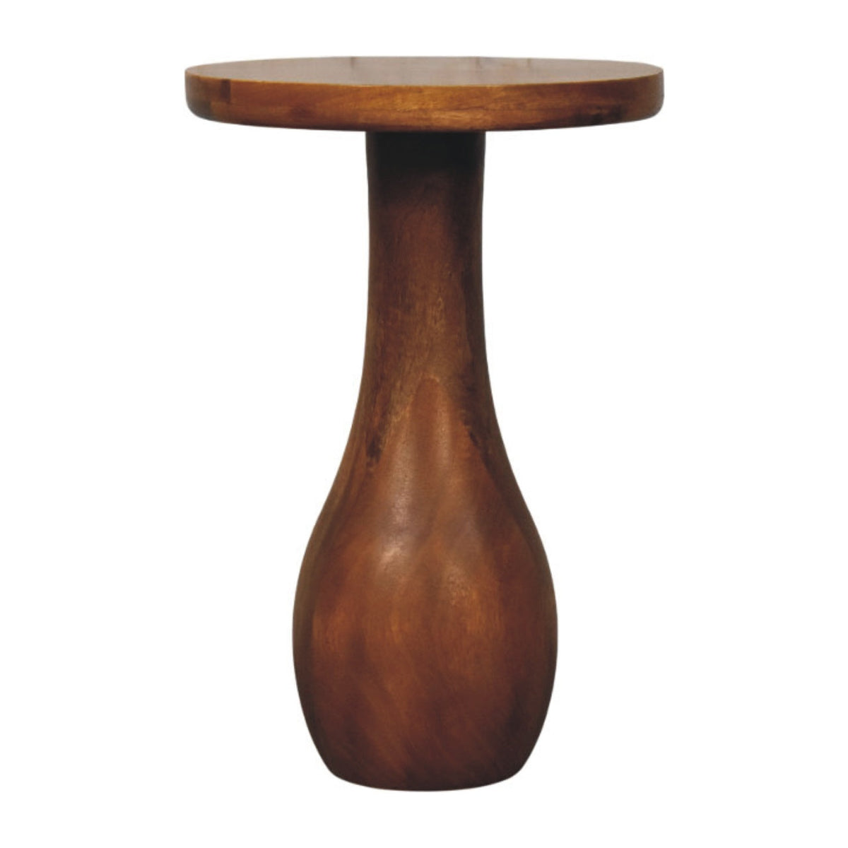 Curved base side table in dark brown wood with a smooth rounded top and tapered pedestal base for accent use