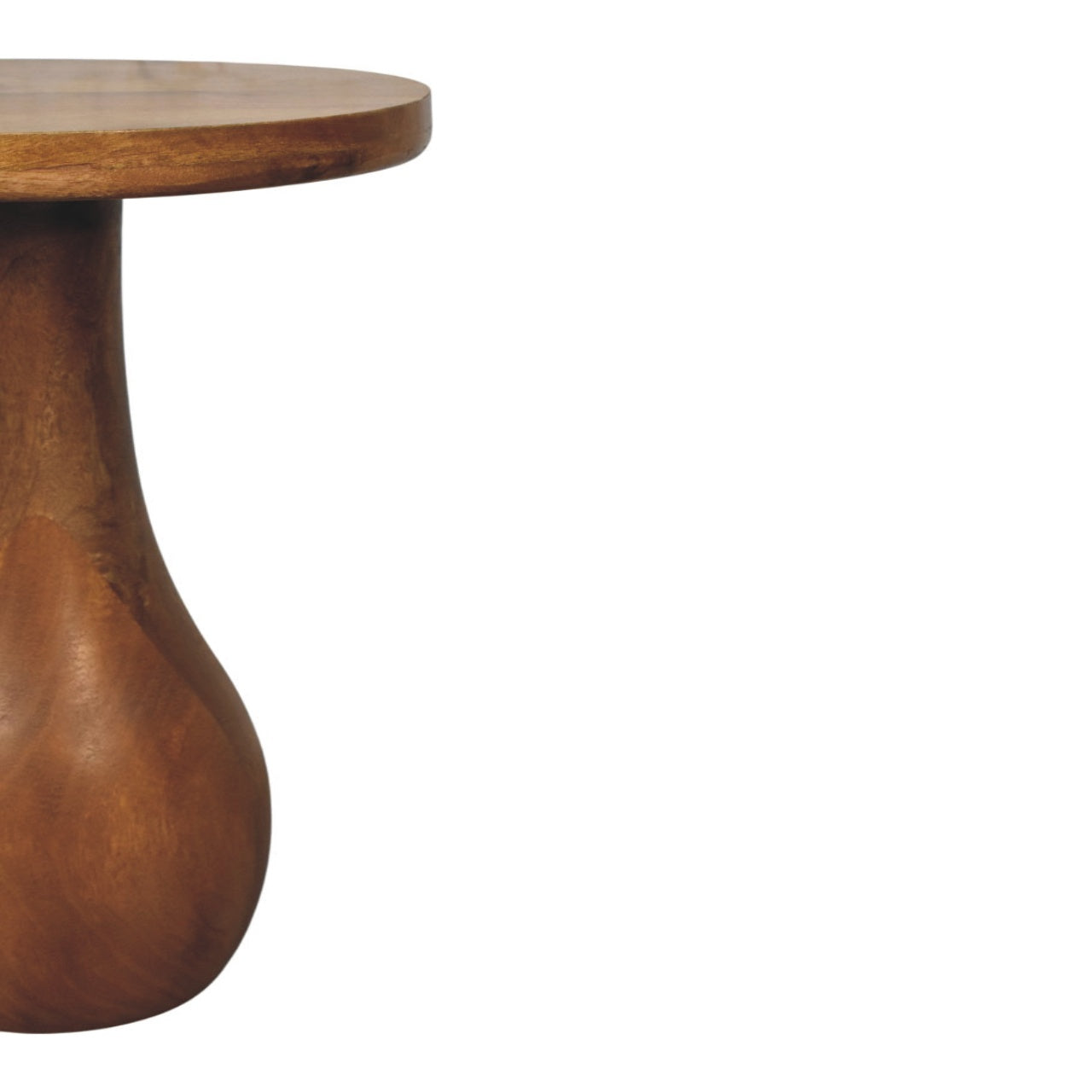 A sleek rounded wooden side table with warm honey finish and smooth organic curves perfect as an accent piece