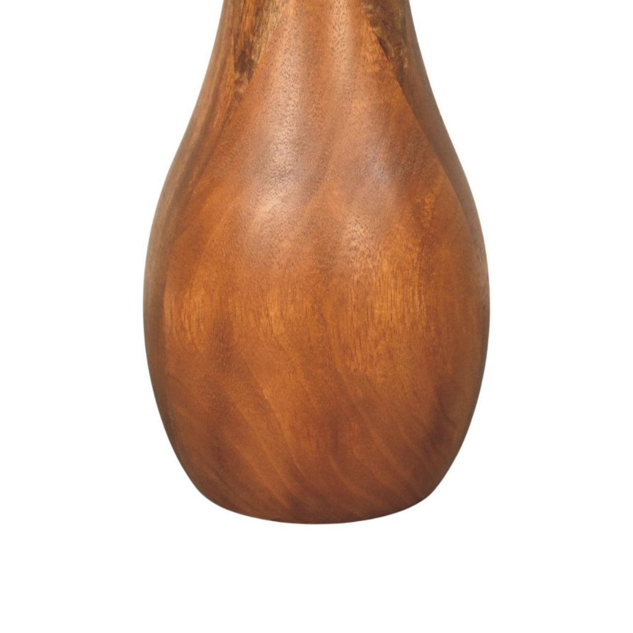 A smooth amber brown wooden vase with natural grain on a curved base side table accent piece