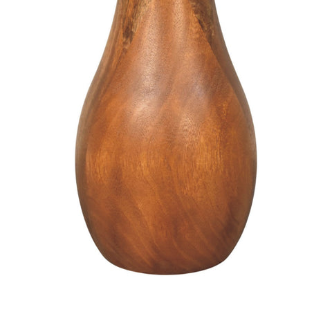 A smooth amber brown wooden vase with natural grain on a curved base side table accent piece