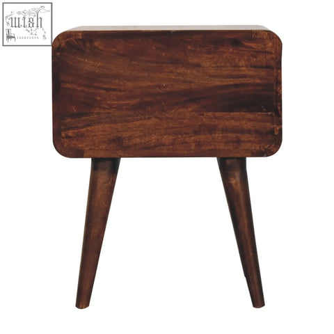 Dark brown curved california walnut bedside table with rounded corners and tapered legs for bedroom use