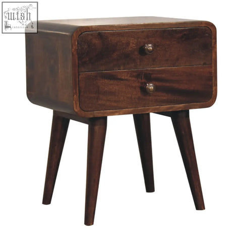Dark brown curved california walnut bedside table with two drawers and tapered legs for bedroom use