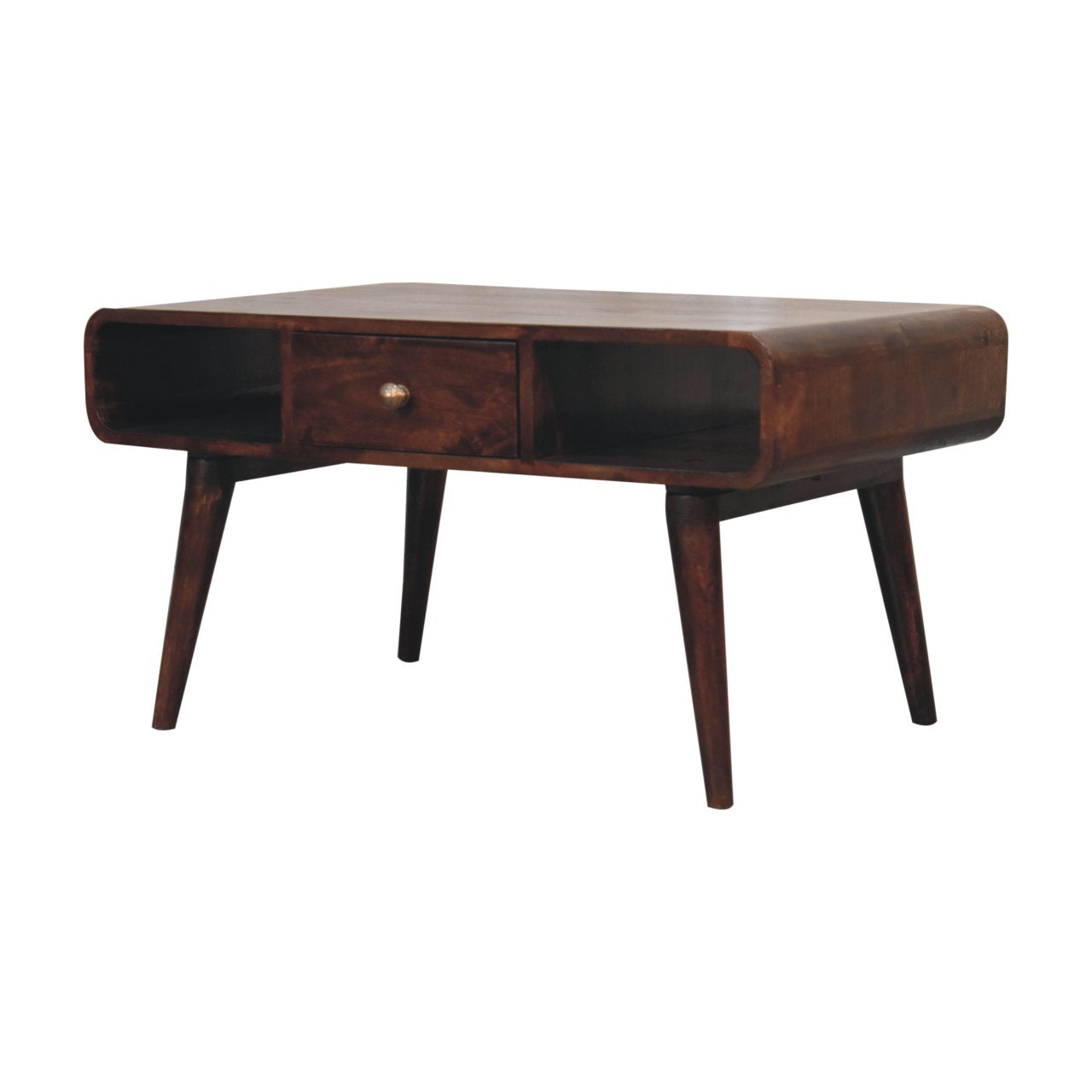 Dark brown curved california walnut coffee table with single drawer and tapered legs made from solid mango wood
