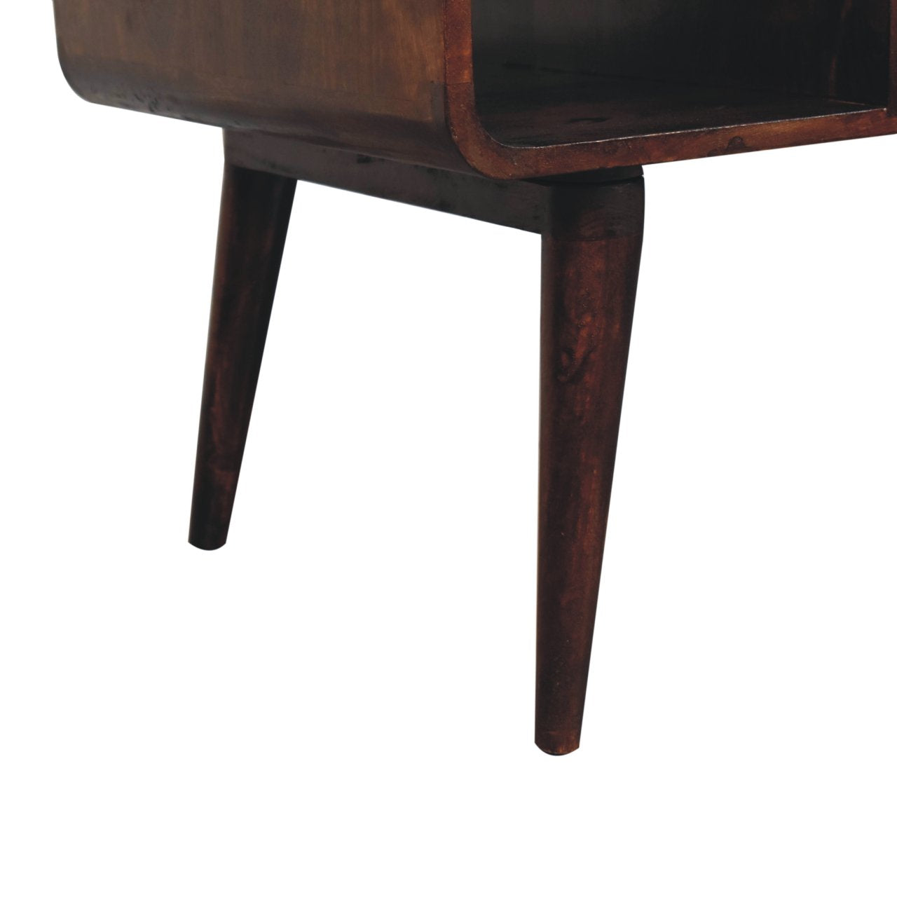 Dark brown wooden nightstand with tapered legs and curved front edge made from solid mango wood