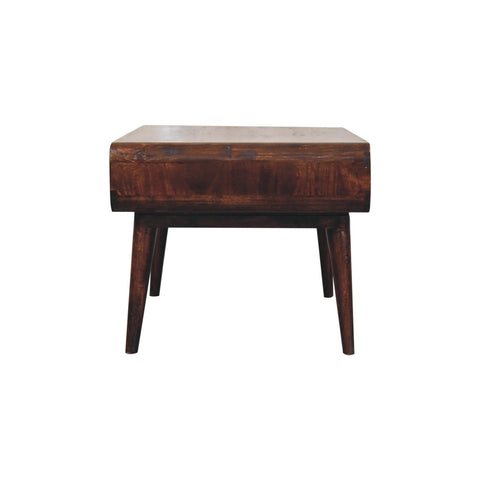 Dark brown curved california walnut coffee table with rectangular top and tapered legs made from solid mango wood