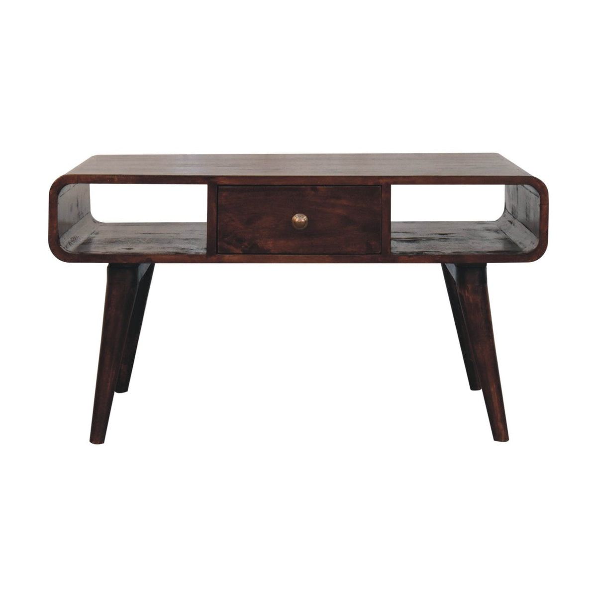 Dark wood curved california walnut coffee table with single central drawer made from solid mango wood