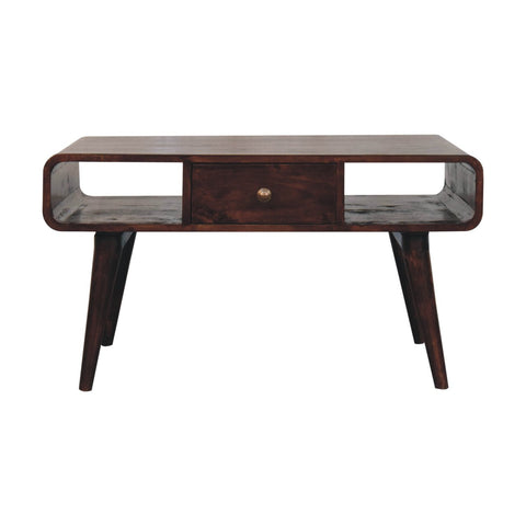 Dark wood curved california walnut coffee table with single central drawer made from solid mango wood