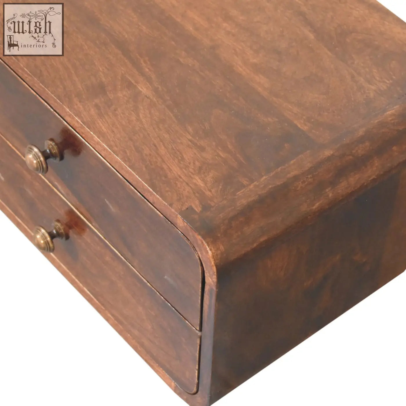 Curved california walnut wall mounted bedside table with two drawers and brass knobs in california walnut finish