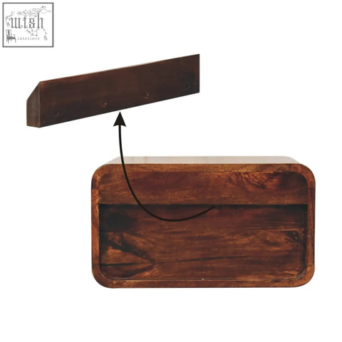 Dark brown wooden bread box with hinged lid and visible wood grain in california walnut finish bedside table style