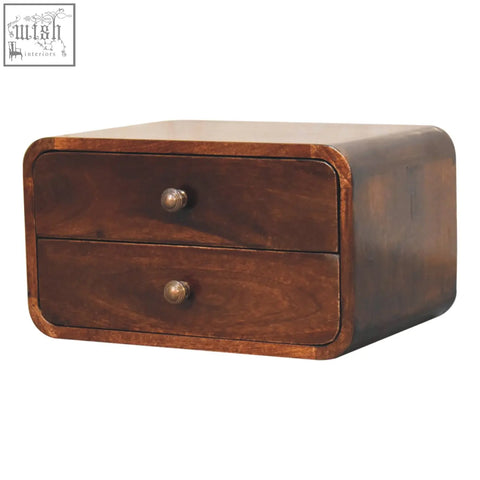 Curved california walnut wall mounted bedside table with dark brown finish two drawers and brass knobs
