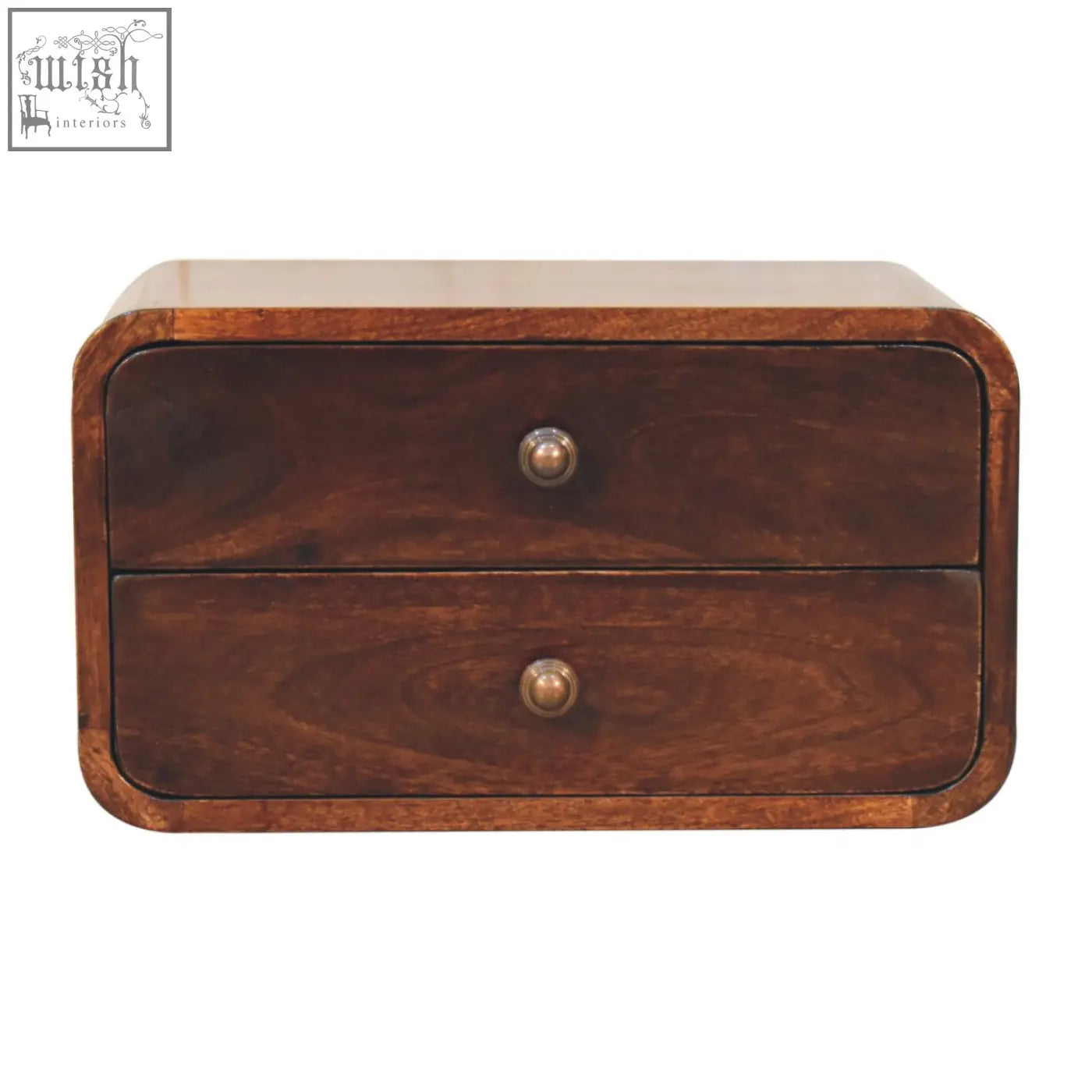 Dark brown california walnut finish wall-mounted bedside table with two drawers rounded edges and brass knobs