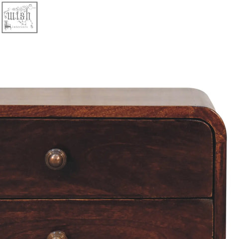 Dark brown california walnut finish bedside table with rounded edges and brass round knobs wall-mounted design
