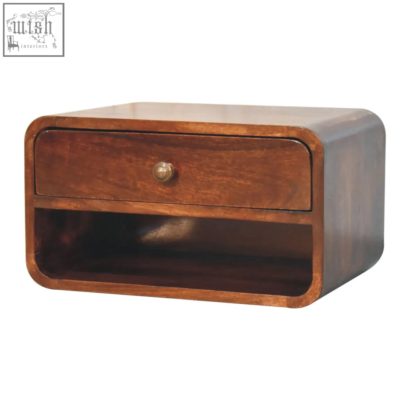 A sleek dark brown curved california walnut nightstand with a single drawer made from solid mango wood