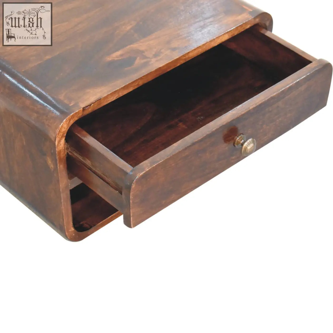 Dark brown california walnut wall mounted bedside with curved edges and brass knob made of solid mango wood