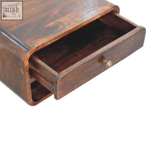 Dark brown california walnut wall mounted bedside with curved edges and brass knob made of solid mango wood